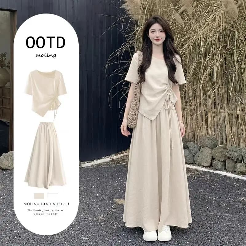 Korean Style Commute Summer Outfit Dress Set 2026 Trendy Short Women's Ensemble High Waist Short Sleeve T-Shirt Dress