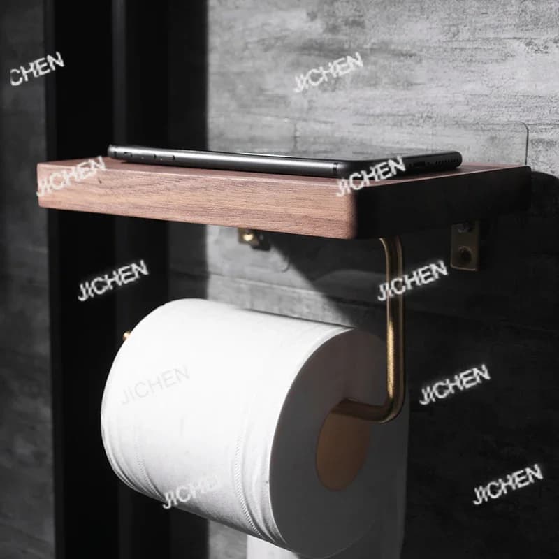 JCT Porta fazzoletti in ottone e legno massello per WC, rotolo di carta, senza punzonatura, supporto per dispenser di asciugamani per mensola da bagno