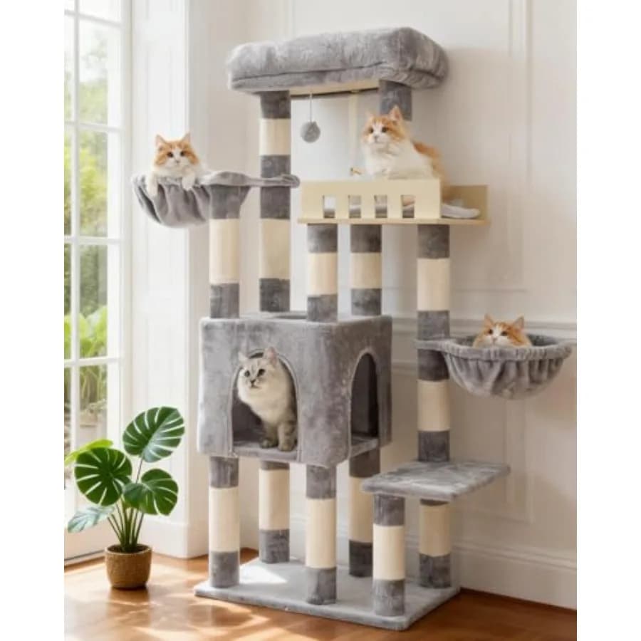Grande Albero per Gatti Robusto per Gatti da Interno 20 libbre+ con 14 Tiragraffi, Sospensione in Legno e Amaca, Grigio Chiaro