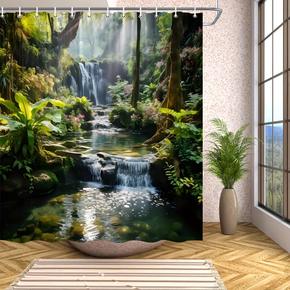 Waterfall Shower Curtain Featuring Green Plants And Natural Scenery, Perfect for Outdoor-Themed Bathroom Decor, Includes Hooks,