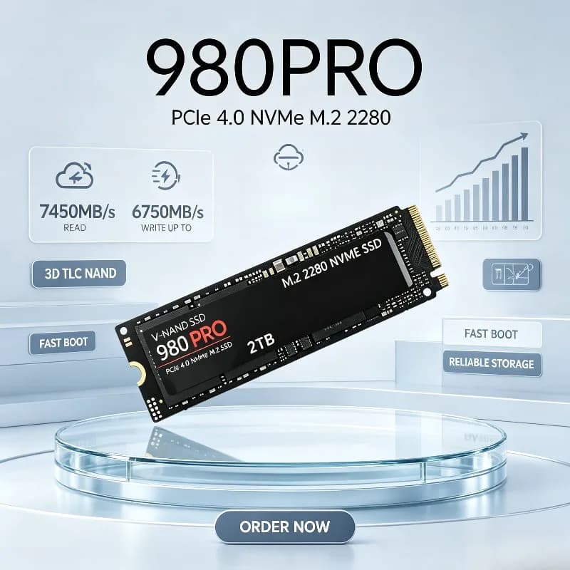 980Pro 1TB PCIe Gen4 x4 M.2 NVMe SSD 3D TLC NAND 7450MB/s Read Speed, Premium Internal Storage for Desktop & Laptop PCs.