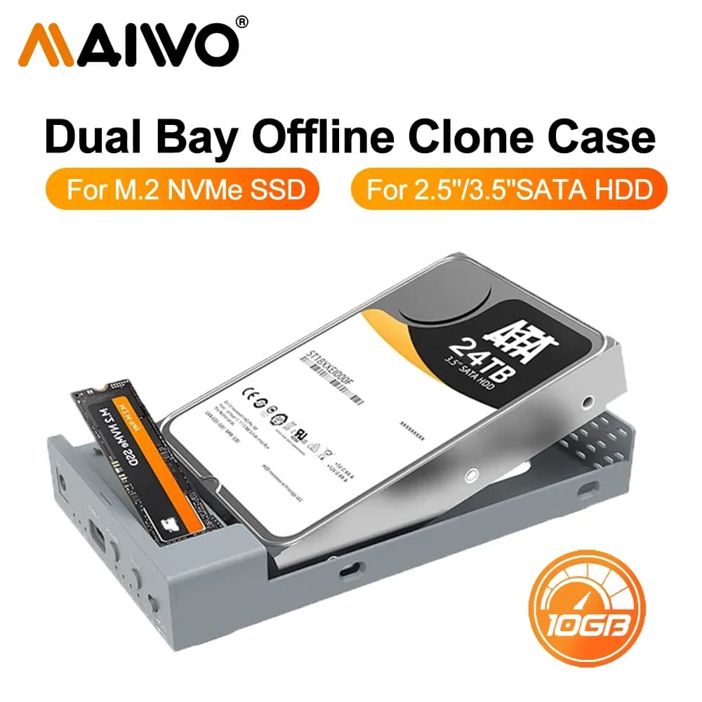 MAIWO Dual Bay Enclosure for M.2 NVMe 2.5" 3.5" SATA SSD/HDD with Offline Clone Type C 10Gbps Duplicator for M.2 NVMe HDD Case