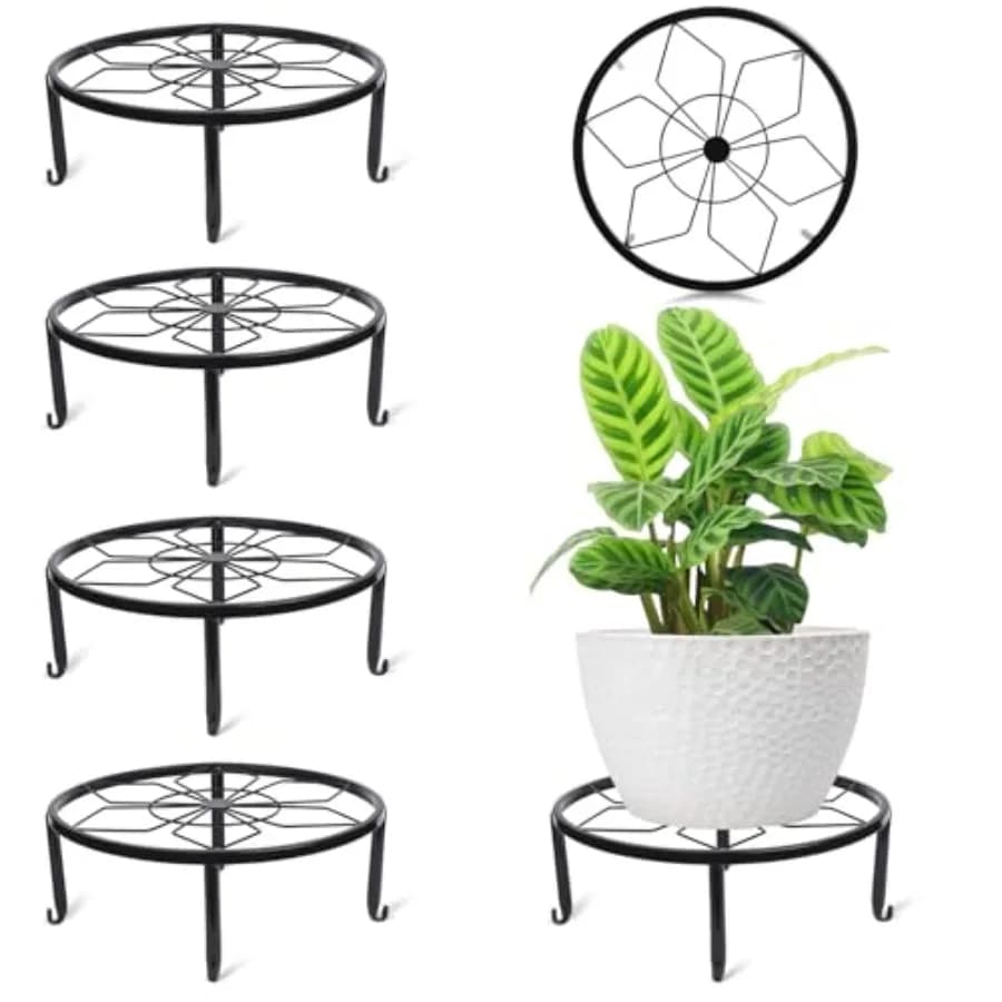 Set di 4 Supporti per Piante in Metallo Nero, per Interni ed Esterni, Robusti Supporti per Vasi, Scaffali Circolari in Ferro Antiruggine