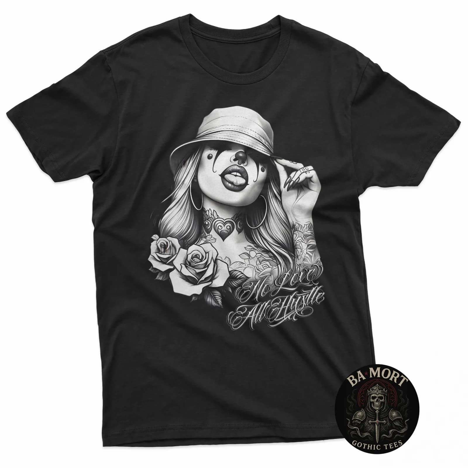 T-shirt ispirata all'arte Chicano con design Payasa audace