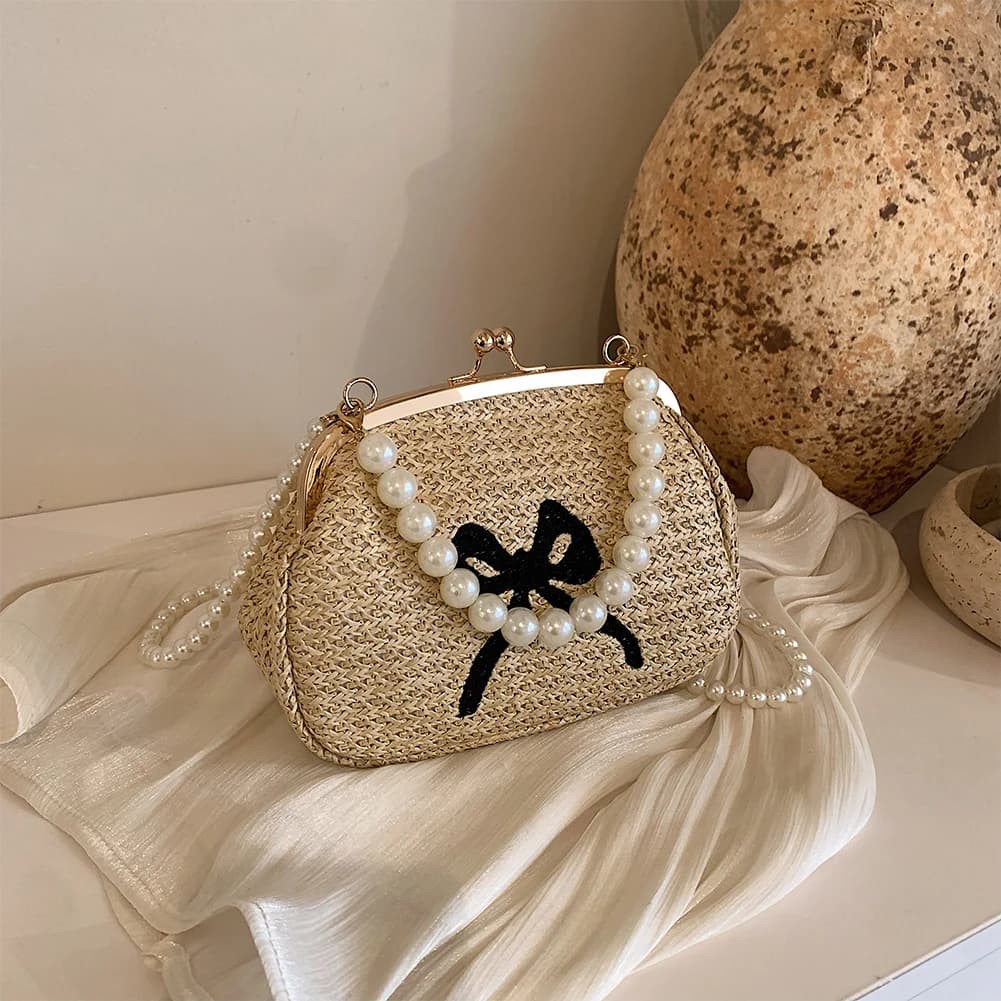 Borsa a tracolla da spiaggia con fiocco carino con tracolla a catena di perle Borsa da vacanza Borsa a tracolla con pochette Kiss Lock per donna