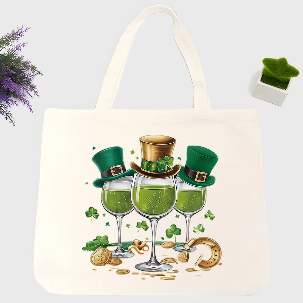 Women's shamrock and top hat print canvas tote bag, casual style for St. Patrick's Day celebrations and daily shopping