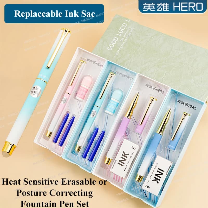 Penne ergonomiche Hero Penna stilografica cancellabile a caldo Set sacchi per inchiostro Barile sfumato EF Pennino con cappuccio Calligrafia Firma Forniture per scrittura