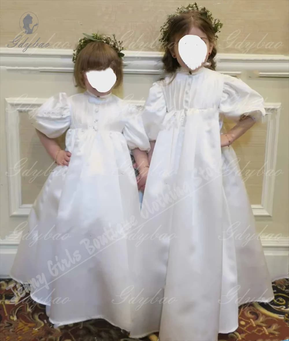 Maniche a palloncino in raso bianco abiti da ragazza di fiori pieghettati per il matrimonio principessa bambino spettacolo gonfio celebrazione vestito per bambini