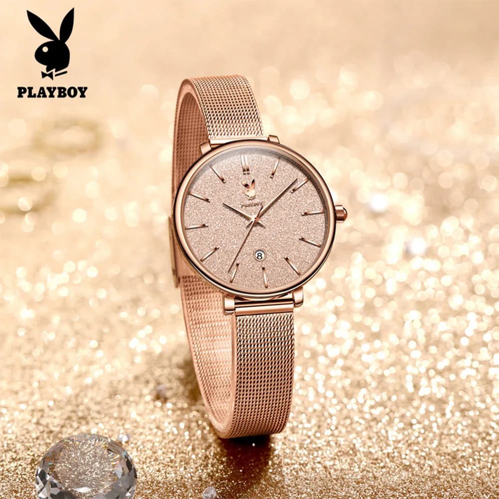 PLAYBOY 3093 Ladies Quartz Watch Luxury Sparkle Dial Mesh Strap Waterproof Casual Dress Wristwatch For Women Gift Box