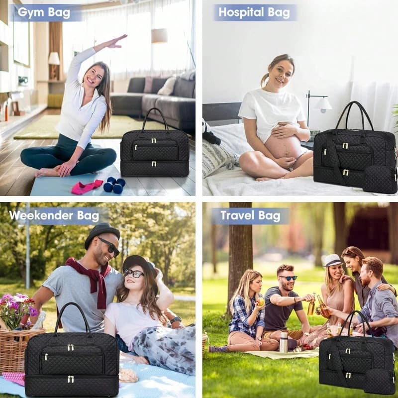 Large Travel Duffle Bag for Women Carry On Overnight Weekender with Shoe Compartment Wet Pocket USB Port
