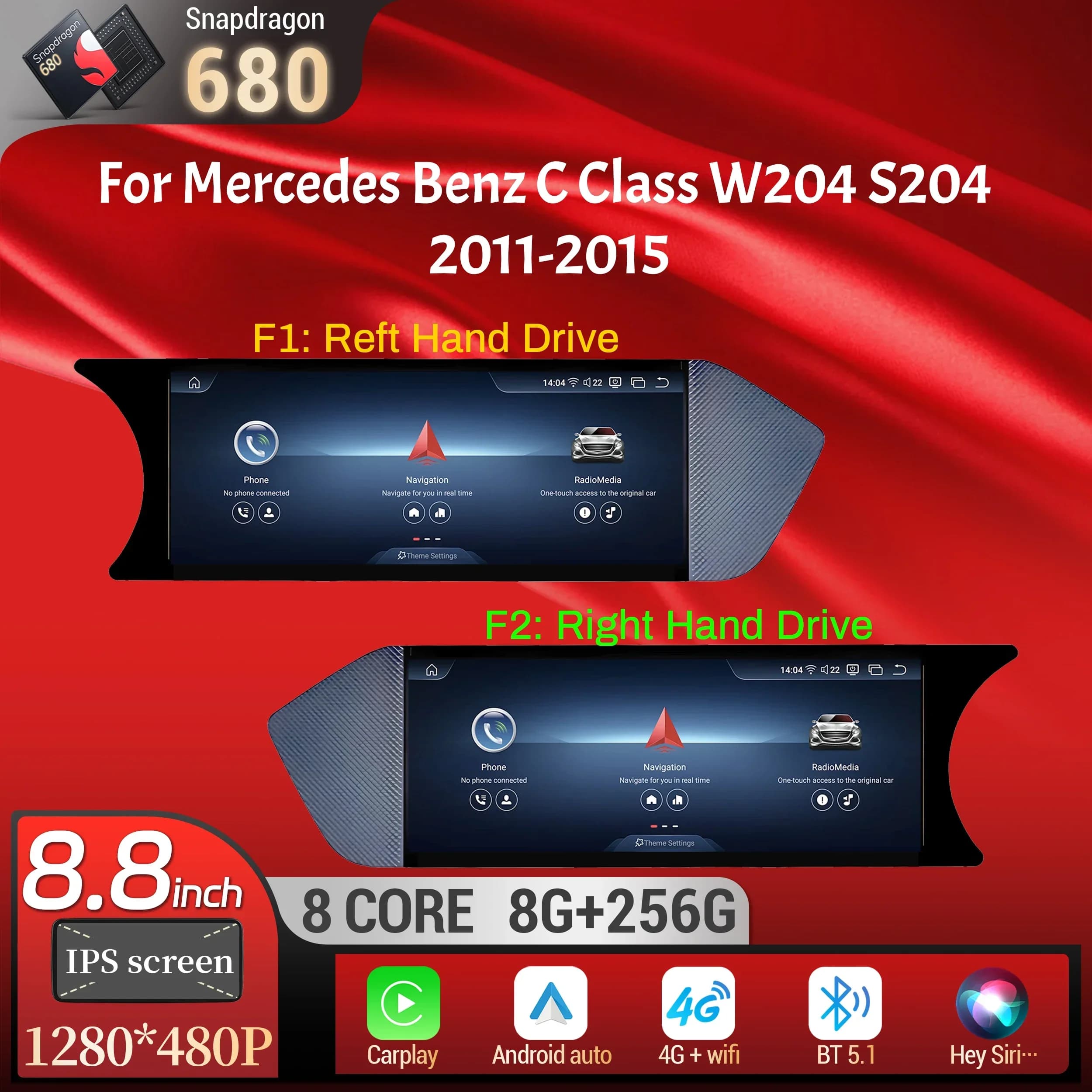 8.8 pollici Android 13 Per Mercedes Benz Classe C W204 S204 2011-2015 Autoradio BT Carplay Qualcomm Snapdragon 680 Unità Principale schermo