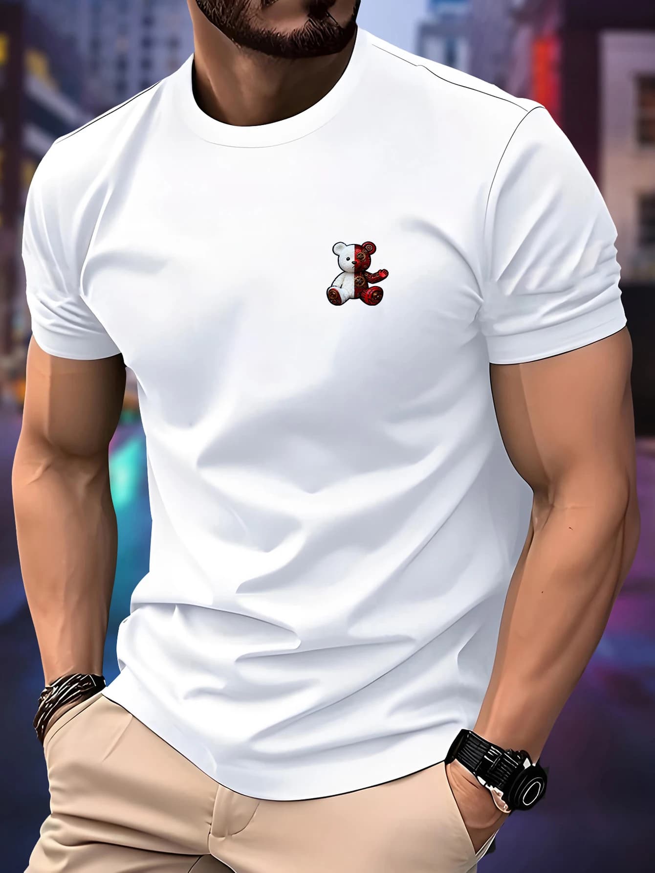 NEW Men's Spring/Summer Essential Mechanical Bear Print T-Shirt Soft & Breathable Round Neck Short Sleeve Tee Unisex Casual Wear