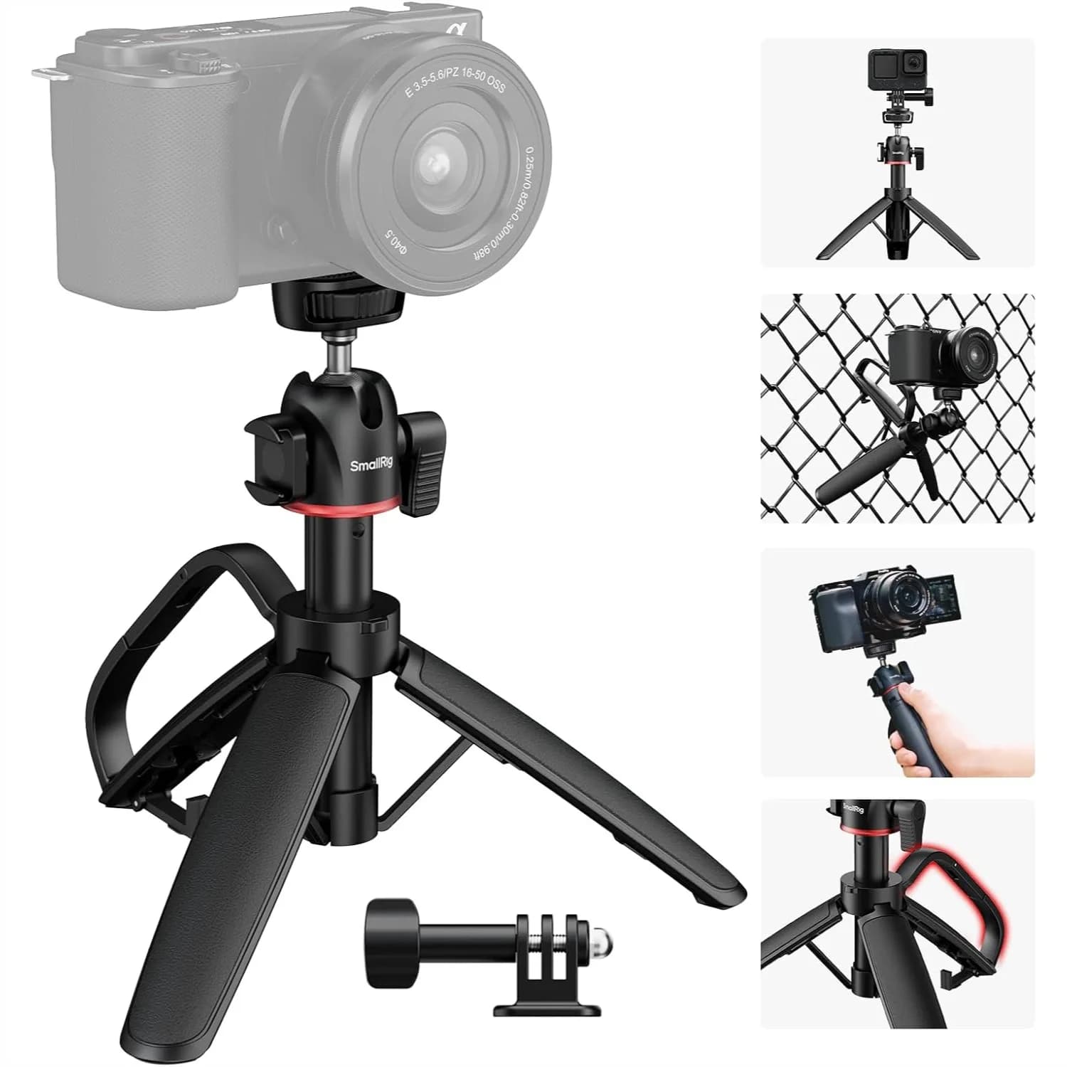 Mini Treppiede per Fotocamera e Selfie Stick, Estensibile 8-15 Pollici, con Moschettone e Gancio Mantis, Rotazione a 360° ° Testa a sfera, attacco cold shoe