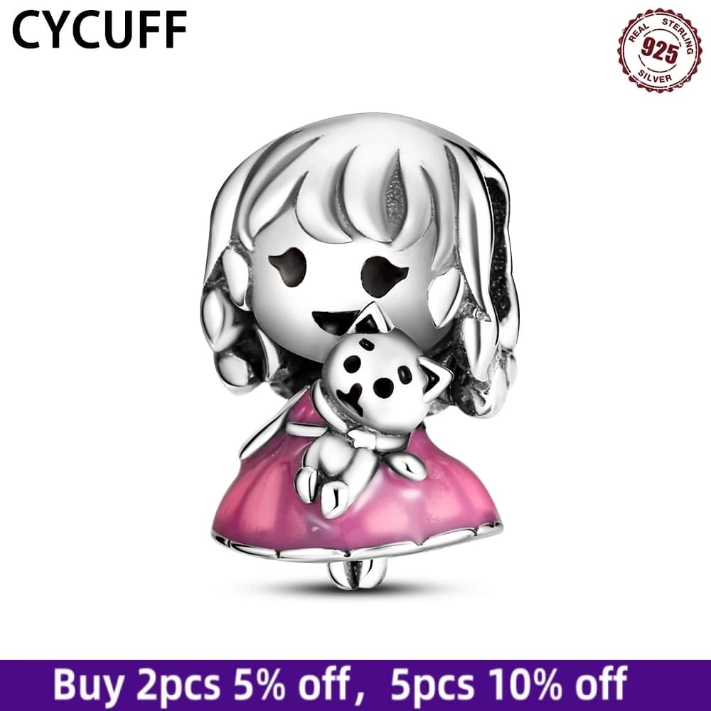 CYCUFF 925 Sterling Silver Little Bear Girl Beads Fit Bracciale originale Donna fai da te Accessorio per gioielli con ciondoli Regalo di inaugurazione del cuore Fai da te