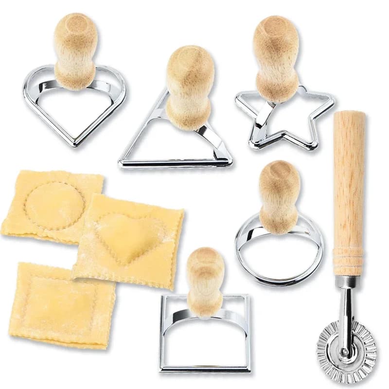Ravioli Stamp Maker Cutter With Roller Wheel Set Mold With Wooden Handle And Fluted Edge Pasta Press Kitchen Attachment
