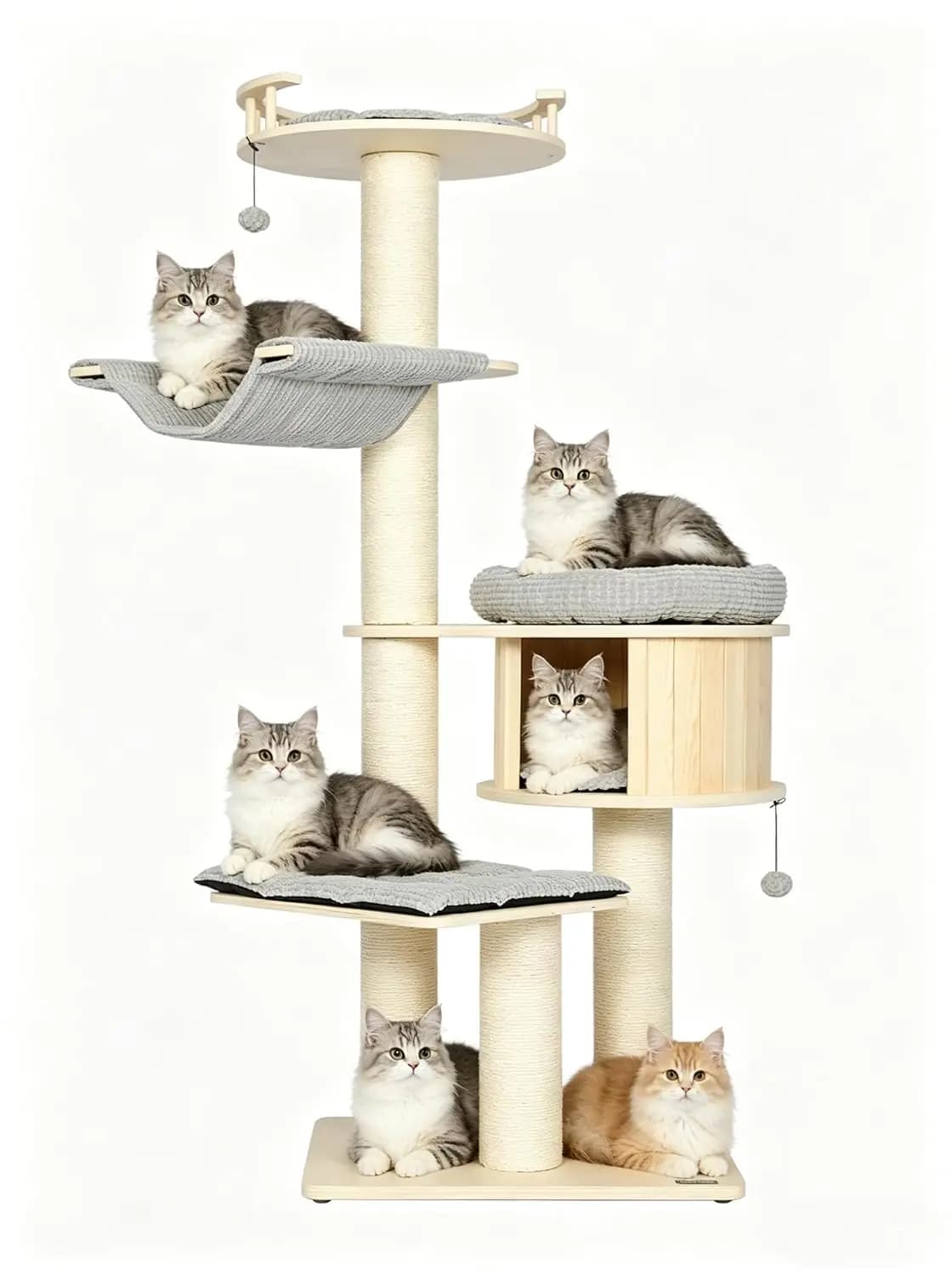 Tall Wood Cat Tree Condo Tower Multi-Level Platforms & Sisal Scratching Posts for Large Cats 20 lbs Heavy Duty, Customized