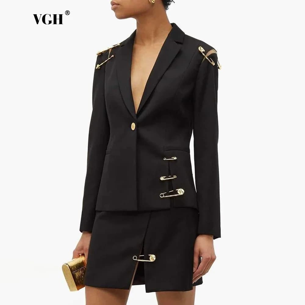 Blazer VGH Chic da donna con inserti in metallo, collo a revers, maniche lunghe, patchwork in rete traforata, giacca alla moda femminile