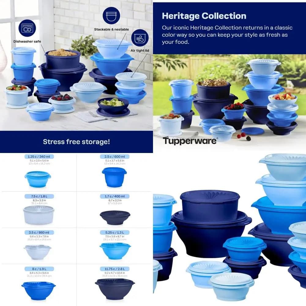 Set di contenitori per alimenti vintage blu da 36 pezzi con coperchi, lavabili in lavastoviglie, senza BPA