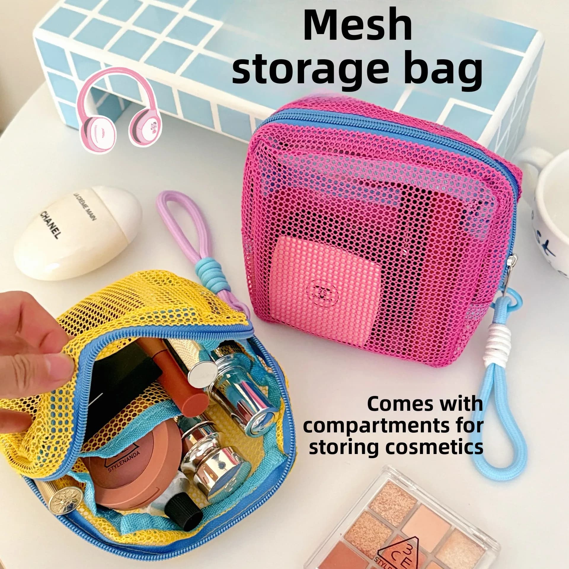 Borse portaoggetti per articoli da toeletta per trucco in rete Borse da viaggio portatili per il lavaggio del corpo Strumenti per doccia Borsa da toilette per cosmetici appesa