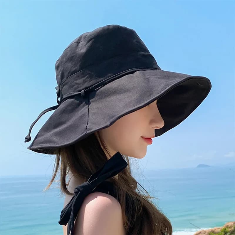 Cappello da pescatore da donna con fiocco, estivo, a tesa larga, tinta unita, per protezione solare UV, per esterni e spiaggia