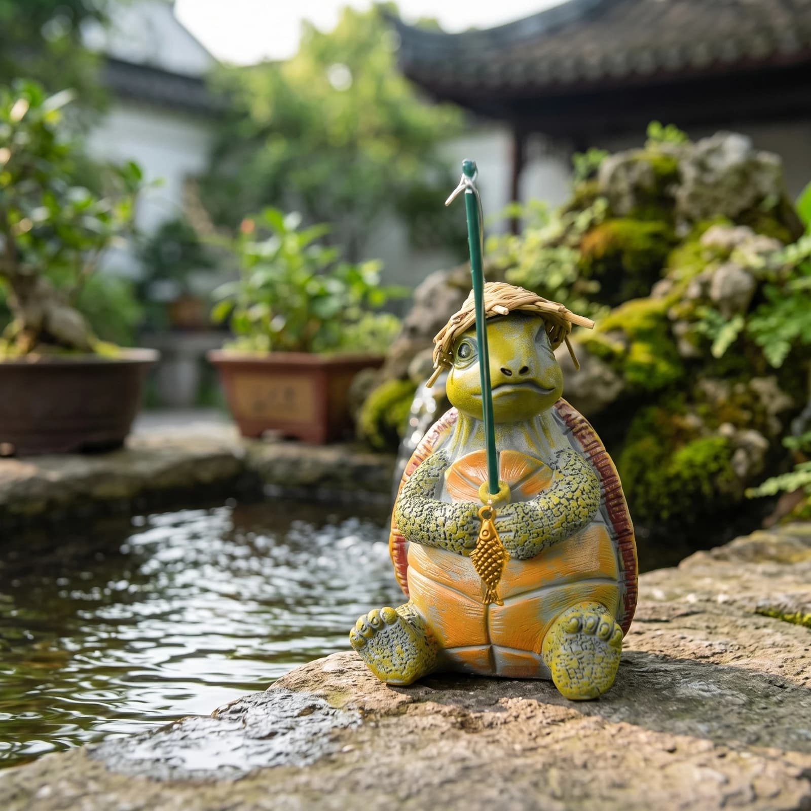 Fishing Turtle Ornament Resin Turtle Ornament with Fishing Rod Decor Miniature Sculpture Whimsical for Gardeners, Aquarium, Pond