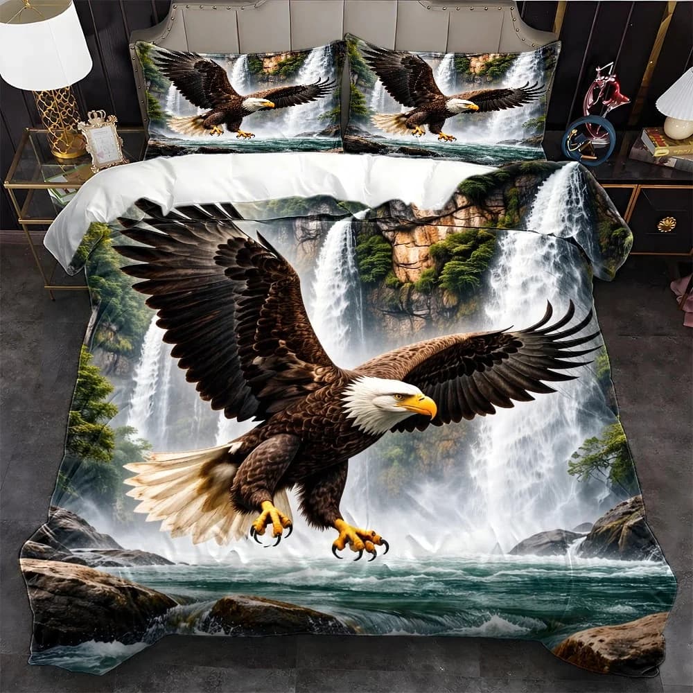 3Pc Natural Style Bald Eagle Waterfall Theme Duvet Cover Set, Three-Piece Bedding Set (1*Duvet Cover + 2*Pillowcases), Suitable for All Seasons, Machine Washable Bedding, Invisible Zipper Double Bed Cover, Suitable for Home, Dorm, Master Bedroom, Guest Room, Large Duvet Cover Set, Hot-Selling Skin-Friendly Breathable Bedding Set, American-Style Natural Landscape Printed Bedding Set, Wear-Resistant and Wrinkle-Resistant Bedroom Bedding, 2D Flat Print