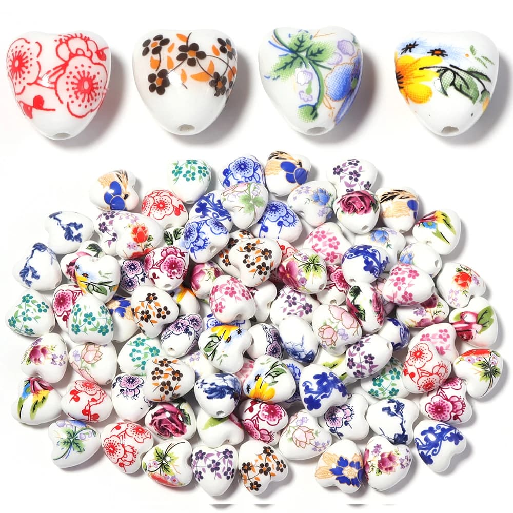 10pcs 12x13mm Heart Shape Flower Patterns Ceramic Porcelain Loose Crafts Beads For Jewelry Making DIY Bracelet Necklace Findings