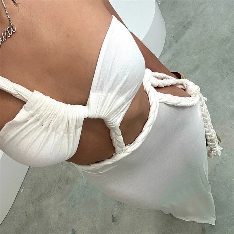 2024 Estate Sexy Backless Split Irregolare Abito Lungo Delle Donne Solido Bianco Una Spalla Senza Maniche Hollow Fasciatura Piccante Ragazze Veste