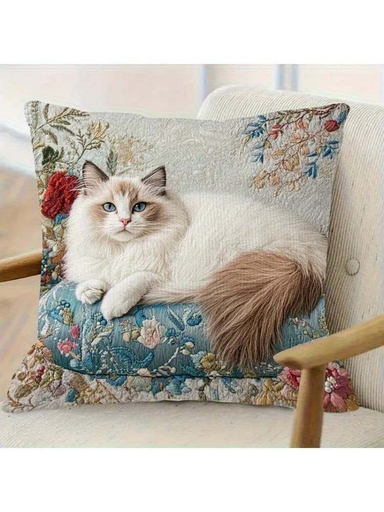 1 pz Federa Decorativa Floreale Stile Shabby Chic con Ricamo Gatto Ragdoll, Morbida Fodera per Cuscino in Poliestere a Doppia Faccia per la Casa e il Soggiorno