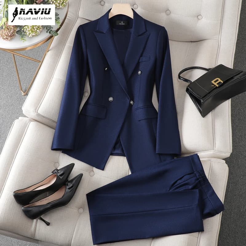 NAVIU 2026 Fashion Women Pant Suit Office Ladies Navy Blue Blazer Tops And Trouser Female Business Work Wear Jacket Pants Set