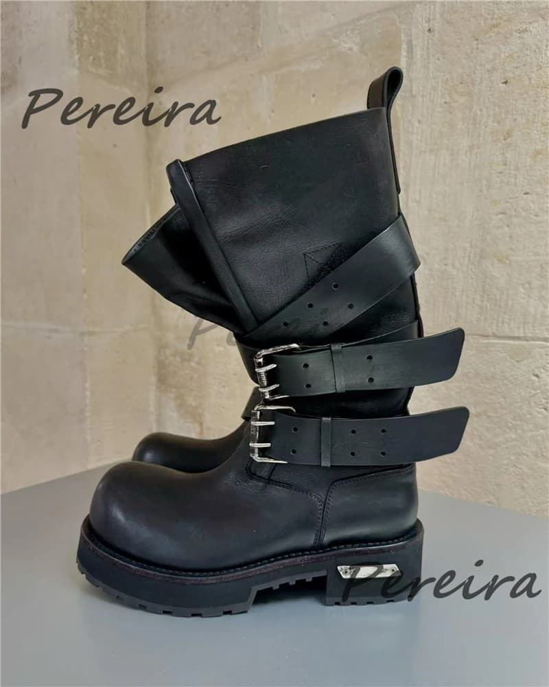 Motorcycle Boots with Belt Buckle Retro for Men Women's Large Leg Knight Boots with Round Toe and Thick Sole Black Punch Couple Shoes