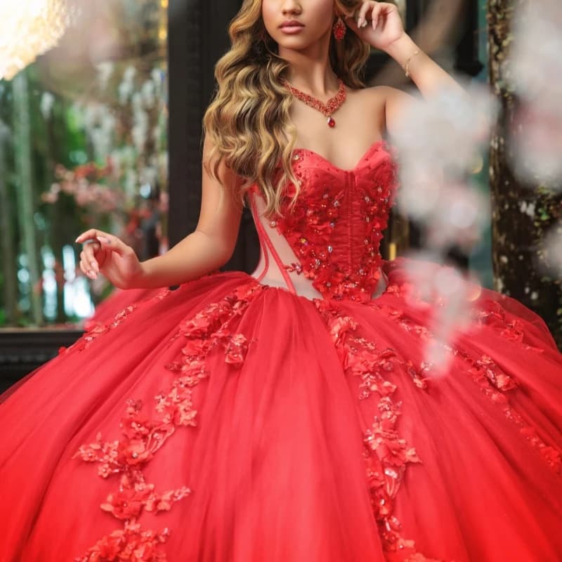 Abiti Quinceanera rossi lucidi con spalle scoperte Applique Fiore che borda Tull di cristallo Festa di compleanno Dolce 16 Abiti Abiti 15 De