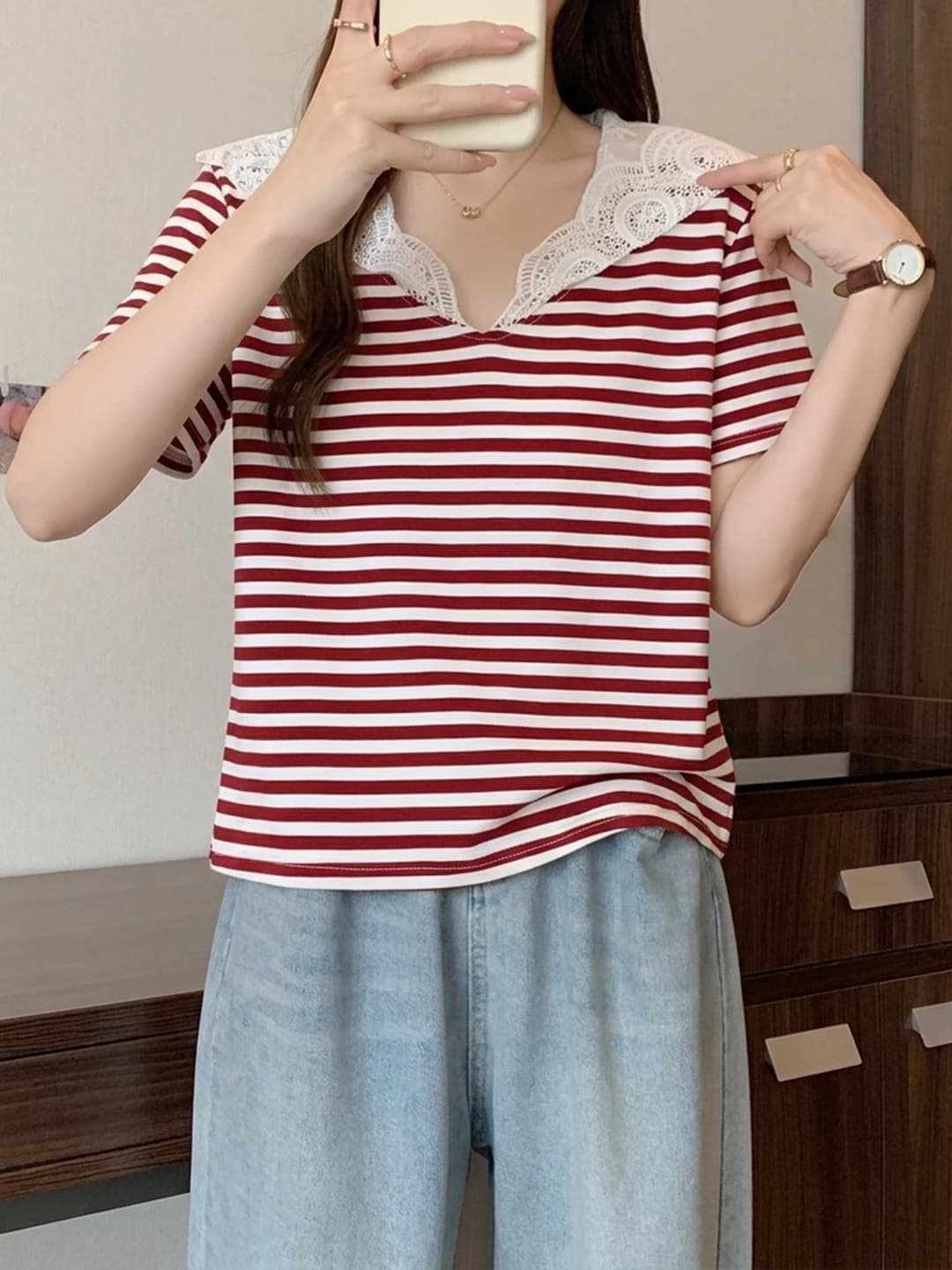 Korean Style Lace Hoodie Striped Short Sleeve T-Shirt Women's Summer New plus Size Loose Anti-aging Trendy Top for Ladies