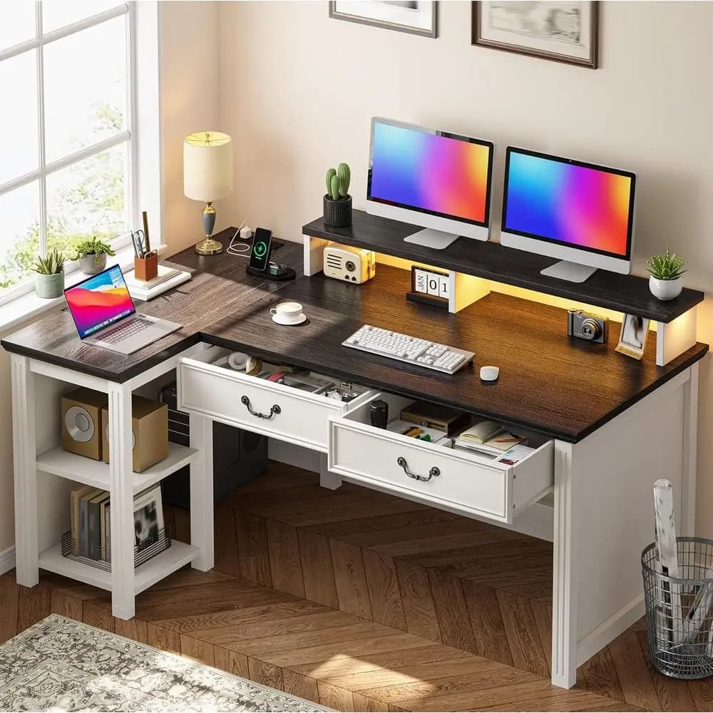 L-Shaped Computer Desk with Drawers, Power Outlets, LED Lights, 55 Monitor Stand and Storage for Home Office or Study