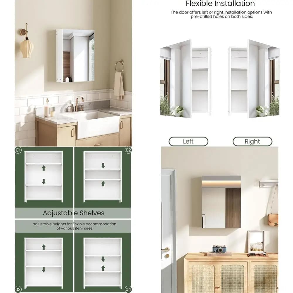 Set mobiletto da bagno a parete con specchio e armadietto contenitore, ripiani regolabili, bianco