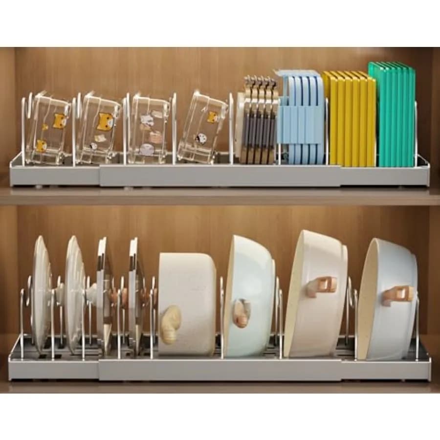 Organizzatore per Pentole e Padelle da Sottopensile, Contenitore Espandibile per Alimenti con 9 Divisori Regolabili