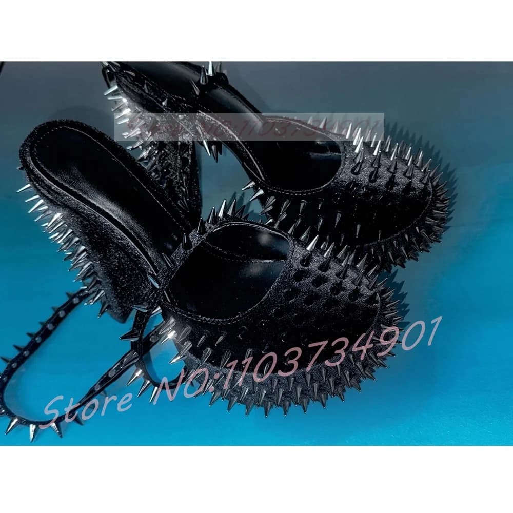 Sandali con rivetti con borchie Donna Punk Piattaforma Cinturino alla caviglia Flock Punta tonda Blocco Tacchi alti Scarpe da donna Party Sandali astucidi sexy