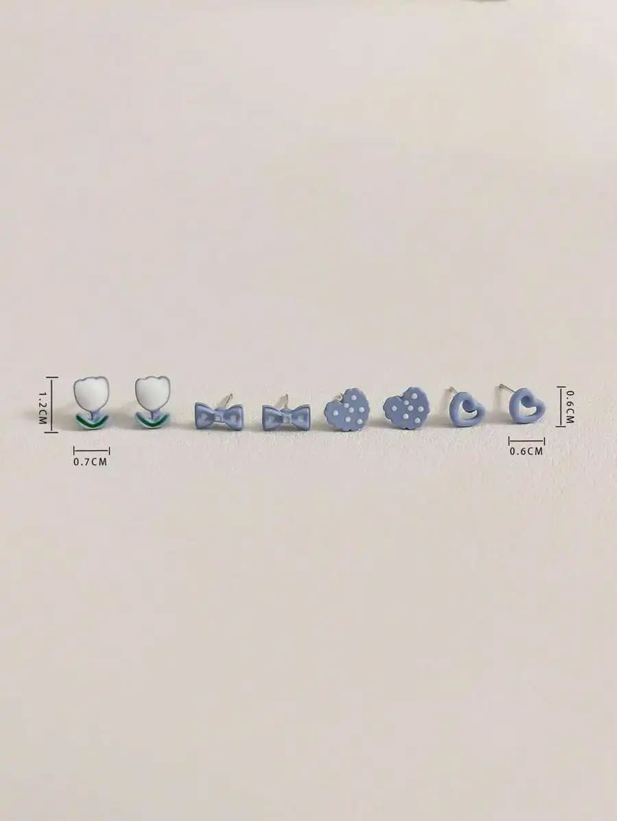 8PCS Light Blue Zinc Alloy Stud Earrings Set With Tulip, Bow, Polka Dot And Heart Shapes For Women Gift