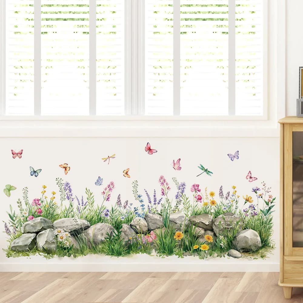 Pietre e fiori Adesivi murali acquerello Farfalla Vivaio Decalcomanie da parete in vinile per soggiorno Camera da letto Camera dei bambini Decorazioni per la casa