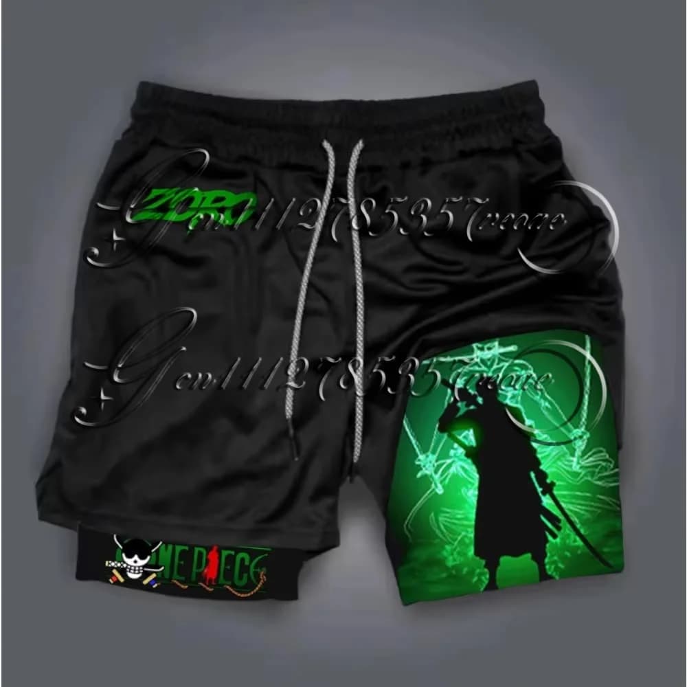 Bandai One Piece Roronoa Zoro Anime Pantaloncini da palestra da uomo a doppio strato 2 in 1, pantaloncini da spiaggia estivi, morbidi, comodi e leggeri, ad asciugatura rapida