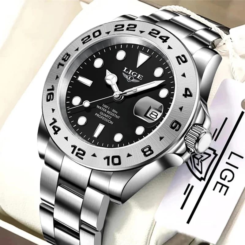LIGE Original Luxury Men Watch Fashion White Dial Stainless Steel Bracelet Luminous Date 3ATM Waterproof Sport Quartz Wristwatch