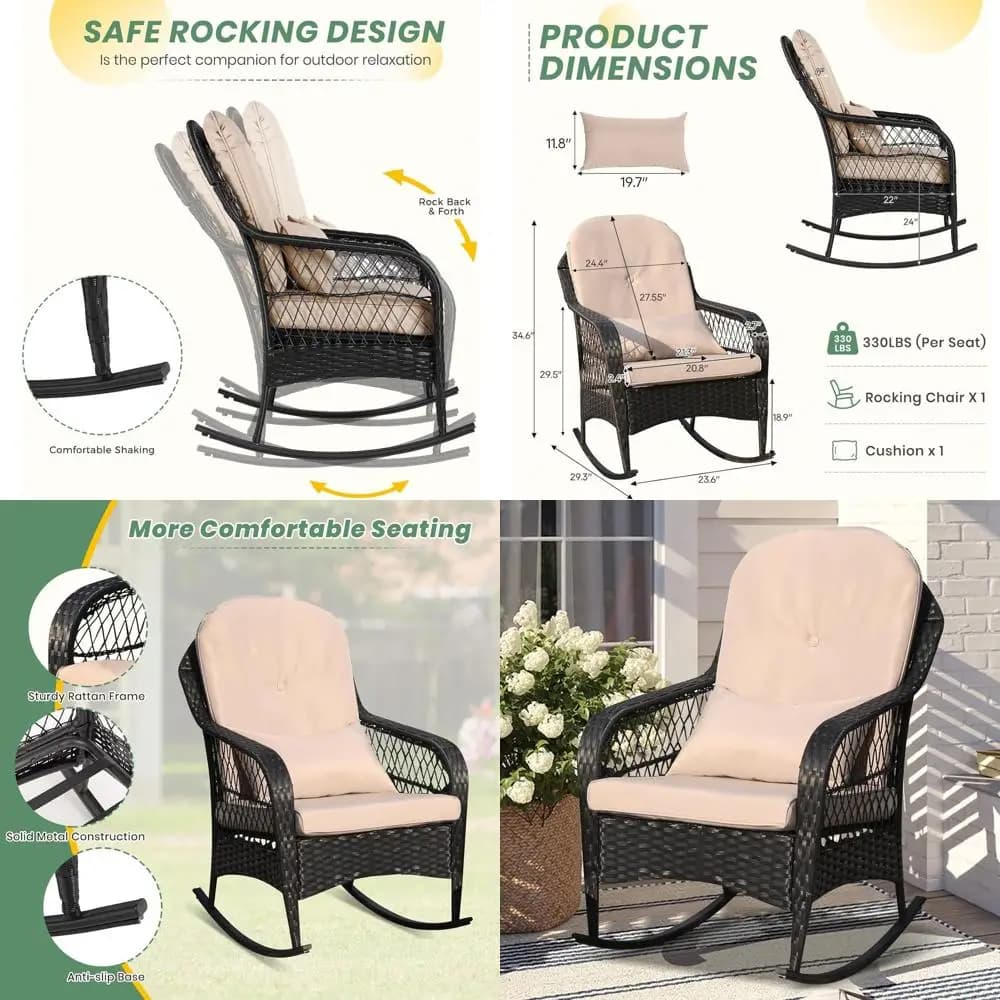 Khaki Outdoor Wicker Rocking Chair with Cushions for Patio, Porch, Garden, and Backyard