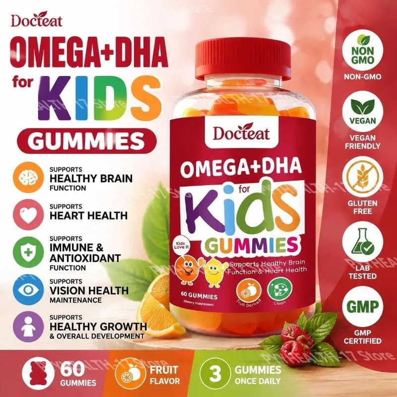 Docteat Omega+DHA Kids Gummies with DHA From Algae, Vitamin C and Chia Oil Omega-3,6,9 for Brain & Vision Support 60 Gummies