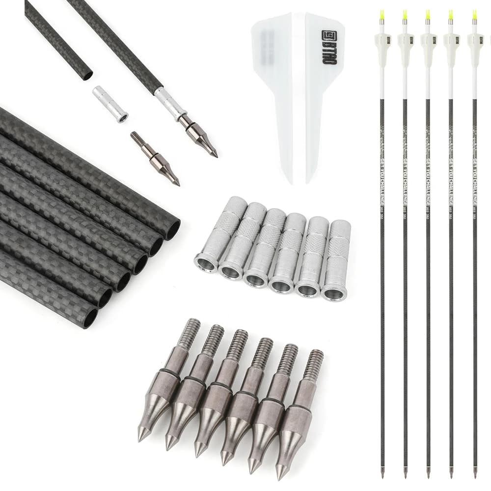 12 Pezzi Frecce in Fibra di Carbonio 3K per Tiro con l'Arco, Spine 250 300 350 400, Asta 33.5 Pollici, ID 62mm, Alette in Gomma, per Caccia e Tiro