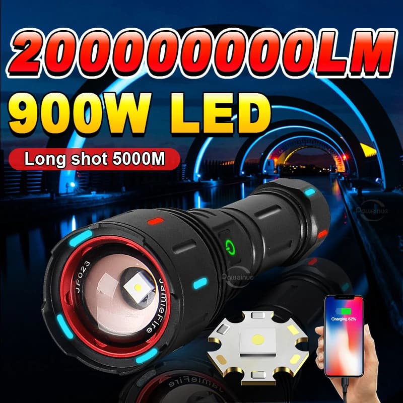 Torcia LED Ricaricabile USB da 200.000.000LM, Lampada LED da 900W Super Luminosa, Torcia Zoomabile a Lunga Gittata 5000M