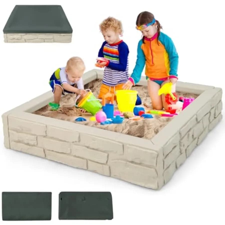 Casetta da giardino con sabbiera e copertura: sabbiera quadrata 47x47 pollici con rivestimento in tessuto Oxford bianco e fondo drenante in HDPE resistente a tutte le condizioni atmosferiche