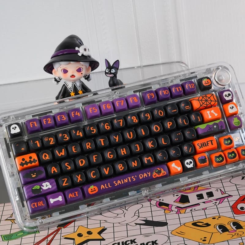 Halloween Theme Custom Keycaps,130 Keys MOA Profile Double Shot Cute DIY PBT Key Caps Set For Mechanical Keyboards 60% 75%