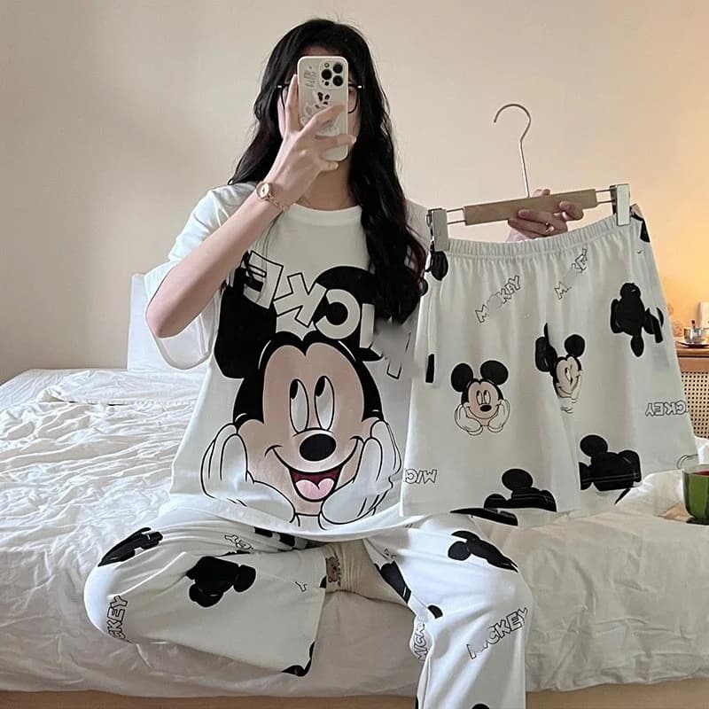 Women's summer pyjamas crew neck in three pieces short sleeve + shorts + pants set of clothes for cartoon house