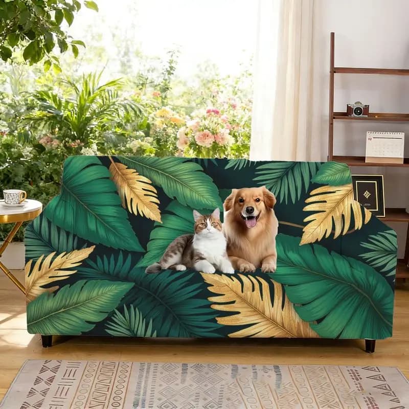 Elastic cover, decoration with tropical plant print, integrated sofa cover, all-inclusive armrests