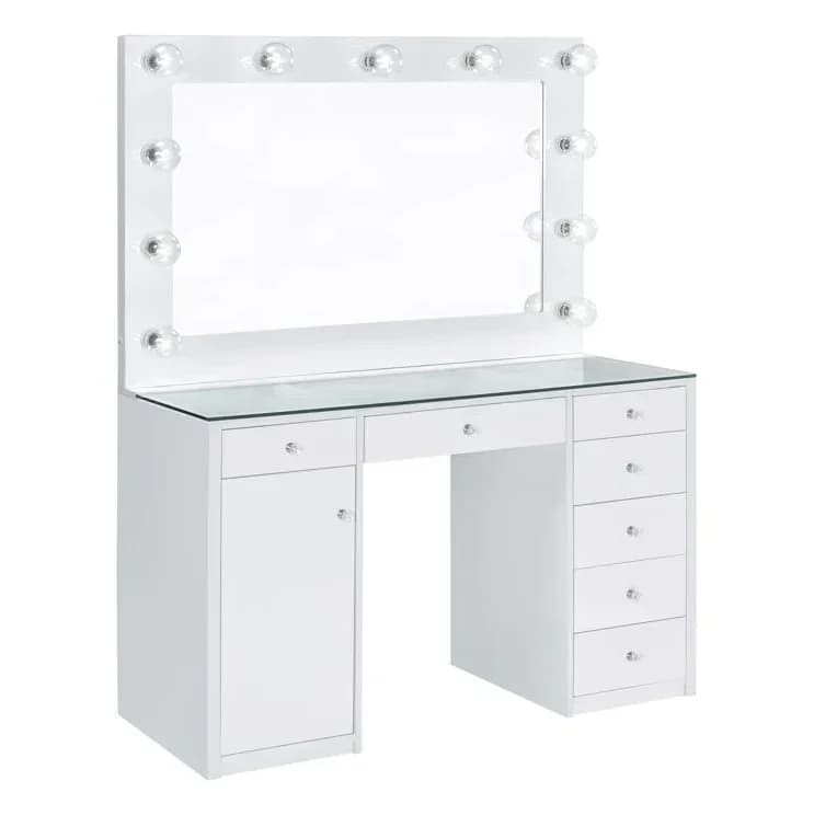 # Tavolo da Trucco con 7 Cassetti e Specchio LED Stile Hollywood, Maniglie in Cristallo Acrilico, Piano in Vetro #